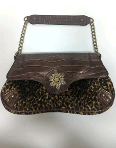 Kate Landry Woman Shoulder Bag Animal Print Brooch Patent Leather Chain Brown - Picture 1 of 16