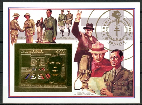 Guyana 1992 de Gaulle + Churchill 18 June 1940 Block 169 B 3792B Gold Imperfect Cover