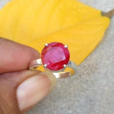 Natural Red Ruby Round Gemstone 925 Sterling Silver Solitaire Ring Gift For Her - Image 1 of 4