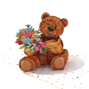 Pop Up Greeting Card - 3D Pop-Up Brown Teddy Bear holding Flowers