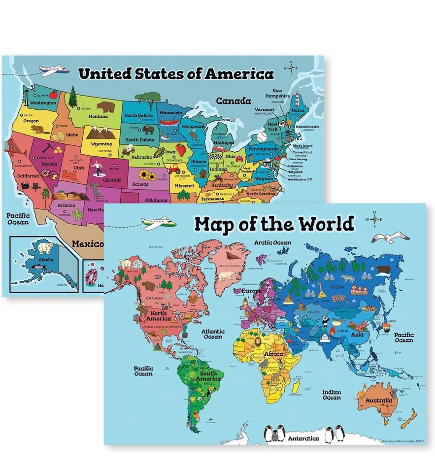 Pôsteres de mapas do mundo para crianças - à prova d'água 24x16 polegadas 2 peças - Imagem 1 de 1