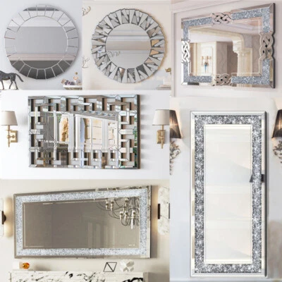 Glossy Silver Wall Mirror Glitter Crushed Diamond Mirror Reinforced Wooden Frame - image 1 of 4