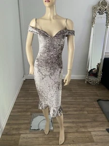AX Paris Size 8 Grey Crushed Velvet Stretchy Off The Shoulder Bodycon Dress Midi - Picture 1 of 11