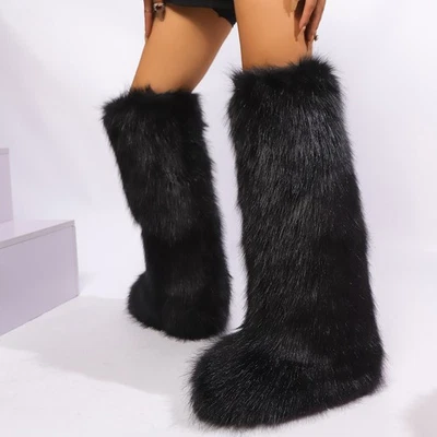 Womens Warm Round Toe Faux Fur Flat Heels Winter Casual Knee High Boots - Image 1 of 4