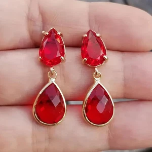 14k Gold Ruby Stud Earrings, Teardrop Ruby Earrings, Ruby Dangle, Ruby Studs - Picture 1 of 5