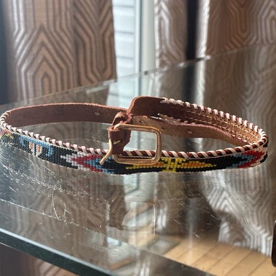 Vintage Child Native American Beaded Leather Gold Buckle Belt 31” Long 3/4” Wide - Image 1 of 4