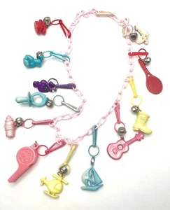 1980s Plastic Pink Link Chain Necklace 12 Clip-on Charms w/ Bells - Picture 1 of 7