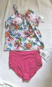 Athena Tankini Top size 16 White Print and Bright Pink Btms High Waist sz XL - Picture 1 of 2