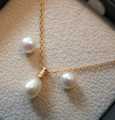 KYOTO PEARL Set Fabelhafte Ciondolo Collana & Orecchini Perle 925 Sterling Nuovo - Immagine 1 di 4