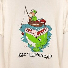 Fishing T Shirt Vintage 80s Mr Fisherman Fish Eats Man 50/50 Made In USA Size XL