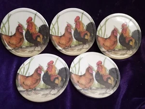 Chicken and Rooster Melamine Coasters In Wood Holder Set of 5 - Picture 1 of 10