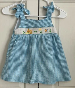 Rare Editions size 6X girls blue white smocked fish checked sleeveless dress - Picture 1 of 6