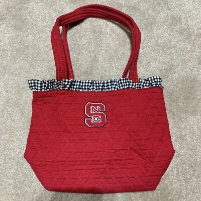 NC State University Red Quilted/Black & White Gingham Checked Ruffle Tote Purse - Image 1 of 4