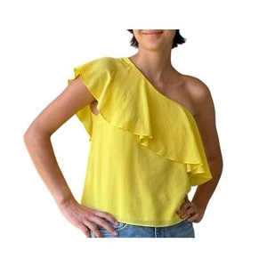 Alice + Olivia Izidora Top One Shoulder Silk Ruffled Size XS in Lemon Yellow - Picture 1 of 8