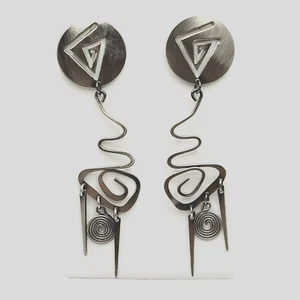 Unique Eclectic Geometric Modernist Drop Dangle Brassy Tone Pierced Earrings - Picture 1 of 23