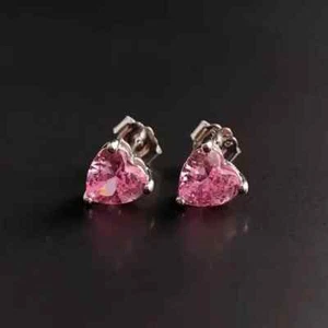 14k White Gold Plated 2Ct Heart Solitaire Lab Created Pink Stud Earrings - Picture 1 of 5