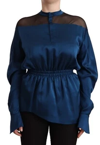 Masha Ma Azul Seda Manga Larga Cintura Elástica Top Mujer Blusa Auténtico - Imagen 1 de 12