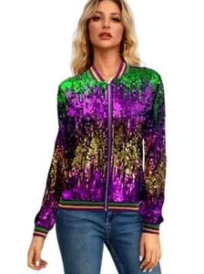 Women's Mardi Gras "Ultimate Contrast" Multi-Colored Sequin Bomber Jacket - Picture 1 of 12