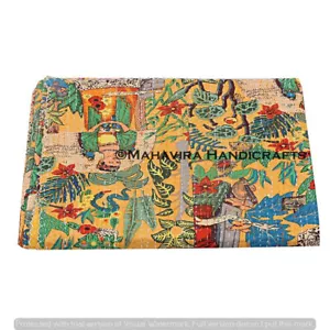 Floral Print Pure Cotton Yellow Kantha Quilt Coverlet Queen Size Bedspread - Picture 1 of 4