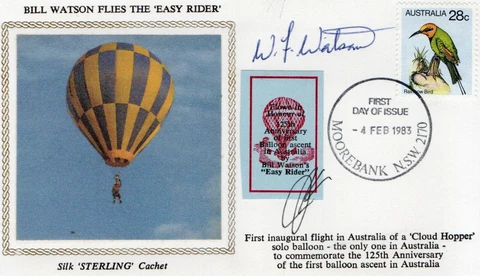 Australian Balloon Mail - silk cachet cvr + vigne flown 4.2.83 signed pilot Cover