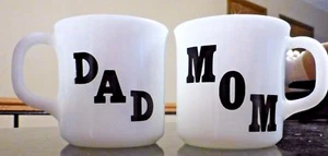 set of 2 Vintage Milk glass Mom & Dad coffee mugs - Anchor USA FS G - Picture 1 of 4