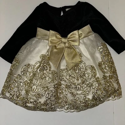 Редкие издания детское платье 3-6 месяцев черный и золотой бархат, вышитые блестки - Изображение 1 из 4