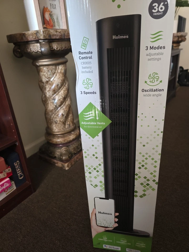 Ventilador de torre digital Holmes 36" con wifi funciona con control remoto de apagado automático Google, Alexa Foto 1 de 4