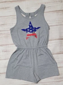 SO 12 L GIRLS GRAY RED SILVER BLUE FLIP SEQUIN KEYHOLE 4TH JULY AMERICAN ROMPER - Picture 1 of 20