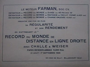 9/1926 PUB FARMAN MOTEUR AVION 500 CV RECORD DISTANCE CHALLE WEISER ORIGINAL AD - Bild 1 von 1