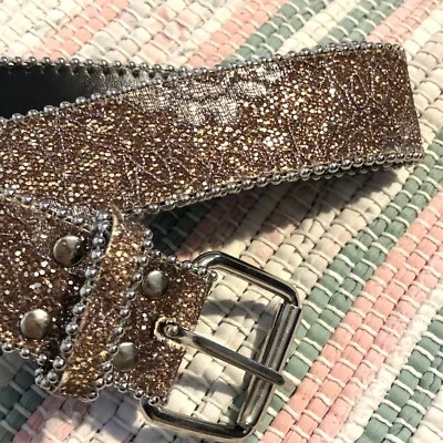 Pink Silver Sequins Leather Equestrian Belt Metal Ball Chain Rose Floral Lace - Image 1 of 4