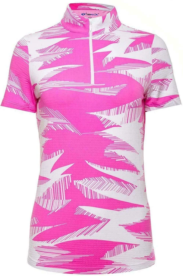 NUEVO CON ETIQUETAS Damas IBKUL STORMI Rosa Blanco Manga Corta Camisa de Golf Simulada XS S M L XL XXL Foto 1 de 1