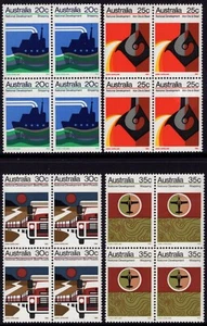 Australia National Developments 1973 conjunto de 4 bloques de 4 MNH, limpio y fresco - Imagen 1 de 1