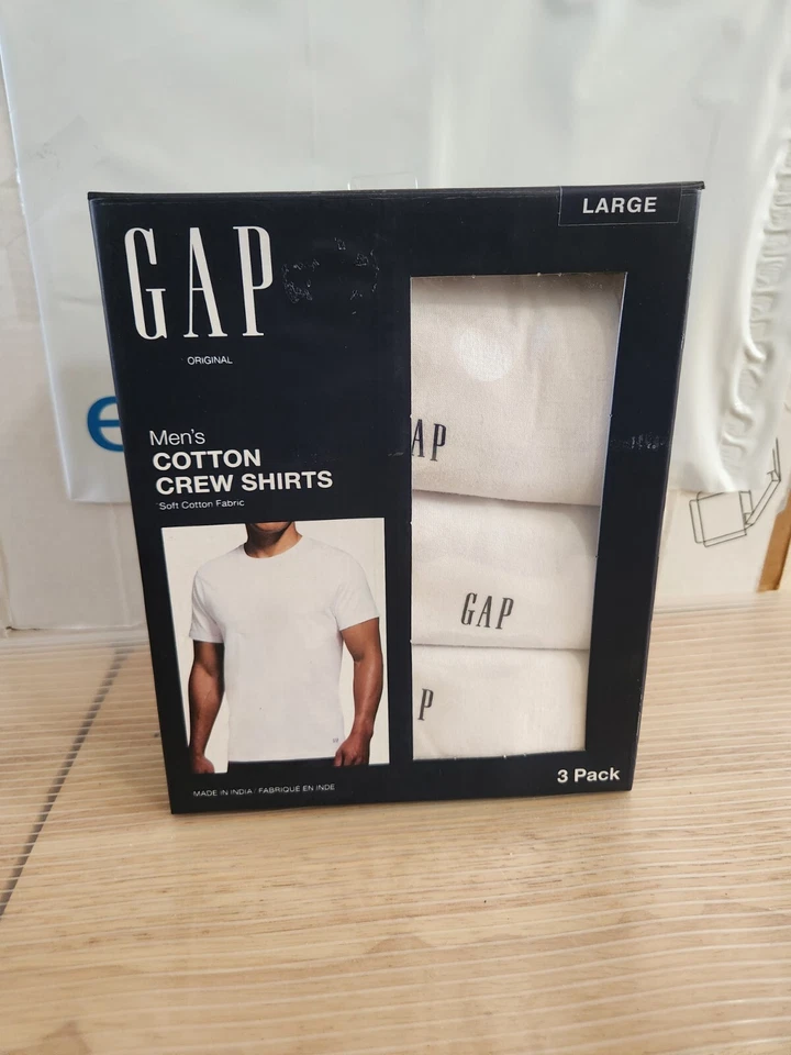 Gap Men's Crew Neck T-Shirts SZ Large White 3-Pk 100 Soft Cotton W/ Logo