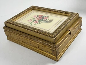 Vintage Antique Wooden Picture Frame Jewelry Box Floral Glass Top And Mirror - Picture 1 of 9