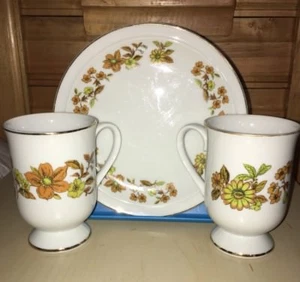 Royal Domino Collection Plate & 2 Footed Mugs Autumn Song Orange & Green Flowers - Picture 1 of 10