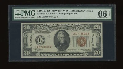 DBR 1934-A $20 FRN Hawaii Gem Fr. 2305 PMG 66 EPQ Serial L60779808A - Image 1 of 2