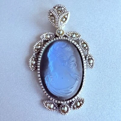 Pingente de vidro azul cobalto camafeu Intaglio marcasita prata esterlina 925 vintage - Imagem 1 de 4