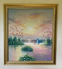 Pink Sunset at Beach Sea Landscape Oil Painting signed 59cm x 69cm