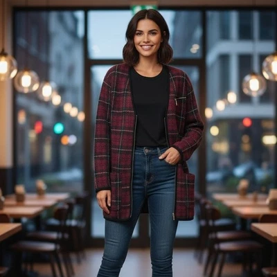 Cárdigan Suéter Andrea Jovine Mujer Grande Lana Tejido Rojo Bolsillos a Cuadros Despistados Foto 1 de 4