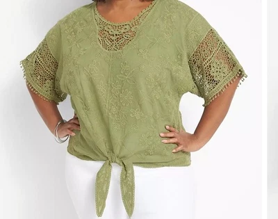 Top Lane Bryant Mujer 22/24 Verde Boho Dolman Manga Lane Dobladillo Bordado Crochet Foto 1 de 4