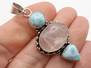GJ69 GW ROSENQUARZ & LARIMAR VINTAGE  SILBER-ANHÄNGER +KETTE / LEDER! - Bild 1 von 3