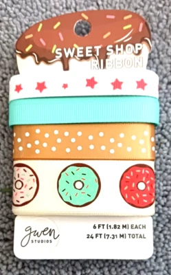 GWEN STUDIOS Sweet Shop Ribbon Stars Seafoam Br/Wh Dots Donuts 24 Total Feet - Image 1 of 2