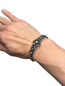 Vintage Silver Hinged Bracelet With Pearl Accents & Intricate Floral Detailing F - Picture 1 of 10