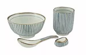 4 Pc Japanese Rice Bowl Gift Set - Incl Bowl, Spoon, Chopstick Rest + Tea Cup - Picture 1 of 2