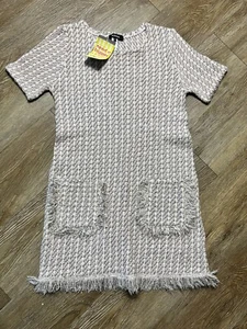 Tweed Sweater Dress Womens M Fray Hem Eyelash Knit Preppy Cottagecore Tunic - Picture 1 of 6