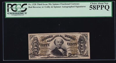US 50c Fractional Currency Autographed Red Back FR 1328 PCGS 58 PPQ Ch AU (-001) - Image 1 of 2