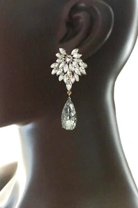 3" Long Evening Party Statement Bridal Earrings White Clear Crystals - Picture 1 of 2