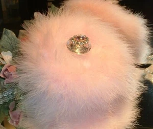 Pink Dusting Body Powder Puff Feather Down Trim Rhinestone Hollywood Glam Vanity - Picture 1 of 2