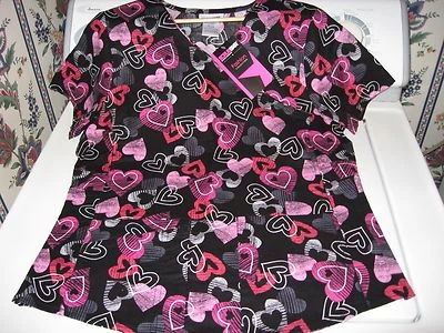  WOMENS SCRUBS TOP SIZE SMALL  SCRUBSTAR SCRUBWEAR BLACK & FUSCHIA PINK HEART - Image 1 of 3