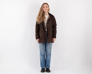 90s Vintage Horse Riding Jacket Women's Brown Waxed Canvas Oilskin Coat size L - Picture 1 of 5